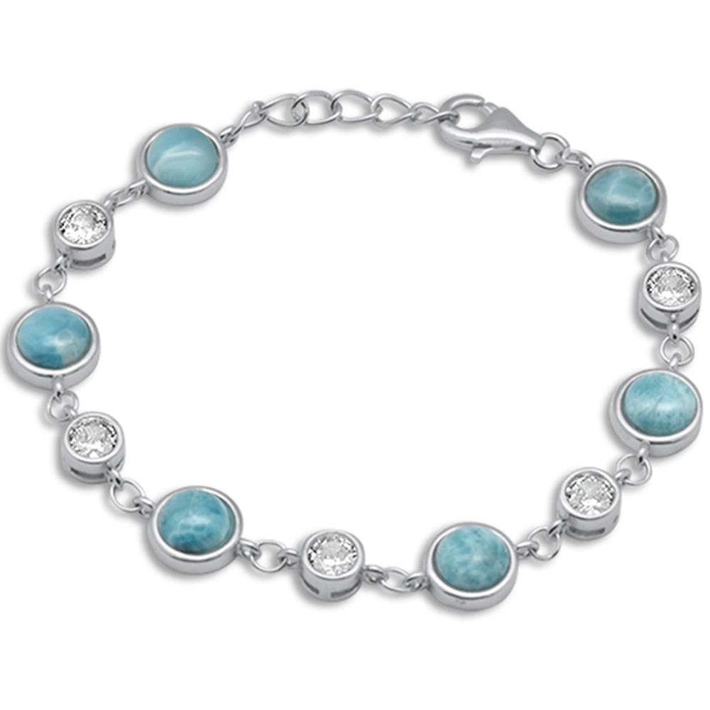 Round Natural Larimar & CZ .925 Sterling Silver Bracelet