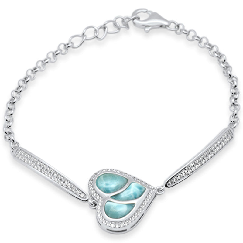 Heart Shaped Natural Larimar & CZ .925 Sterling Silver Bracelet