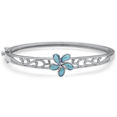 Natural Larimar & CZ Flower Bangle .925 Sterling Silver Bracelet