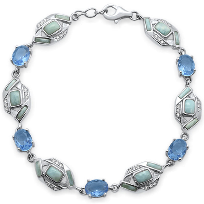 Oval Tanzanite, Natural Larimar & CZ  .925 Sterling Silver Bracelet 7.5"