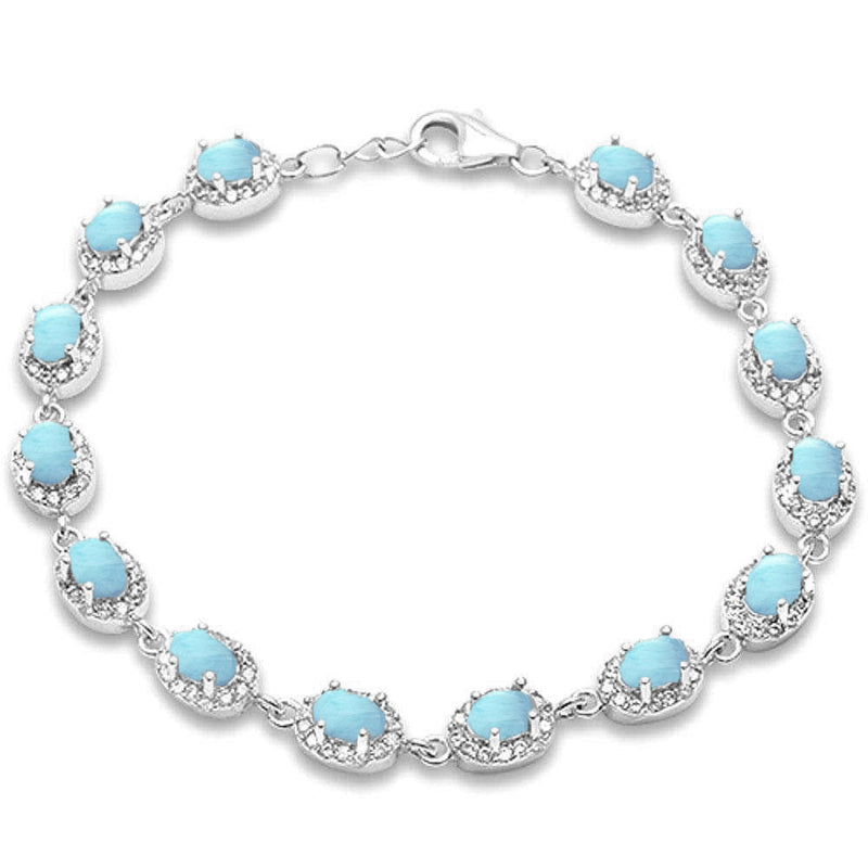 Oval Natural Larimar & Cubic Zirconia .925 Sterling Silver Bracelet