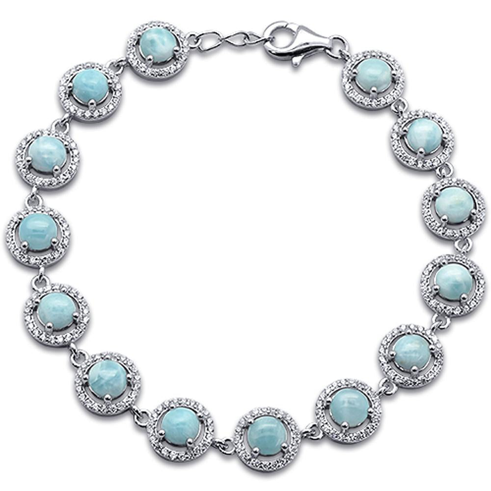 Elegant Halo Style Natural Larimar .925 Sterling Silver Bracelet 7.5" Long