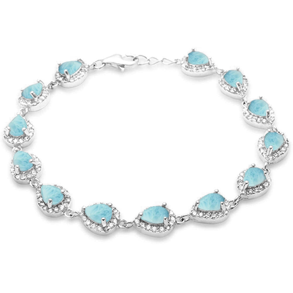 Pear Shape Natural Larimar & Cubic Zirconia .925 Sterling Silver Bracelet