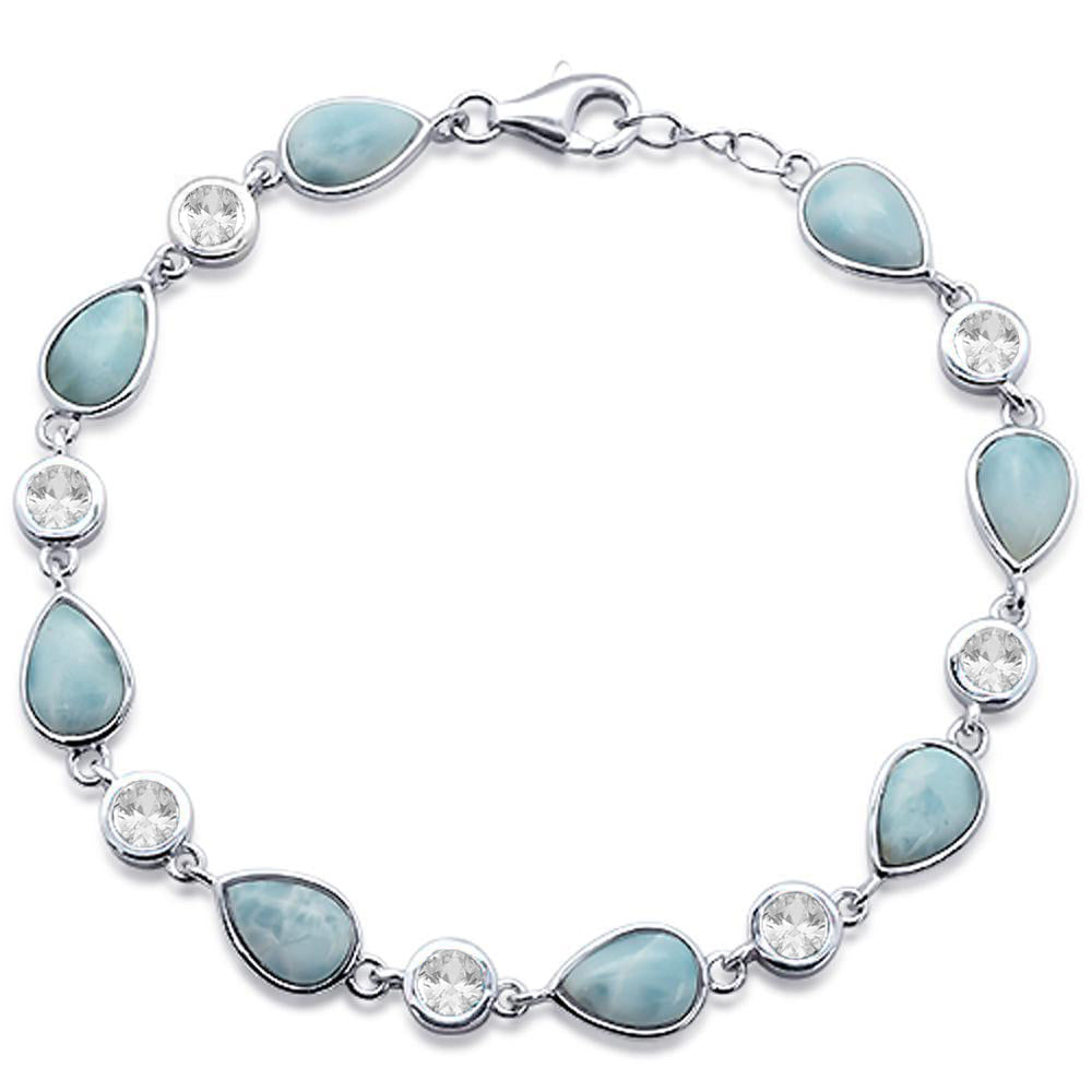 Pear Natural Larimar & Cubic Zirconia .925 Sterling Silver Bracelet 7" Long