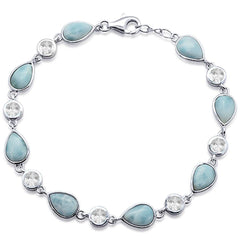 Pear Natural Larimar & Cubic Zirconia .925 Sterling Silver Bracelet 7" Long