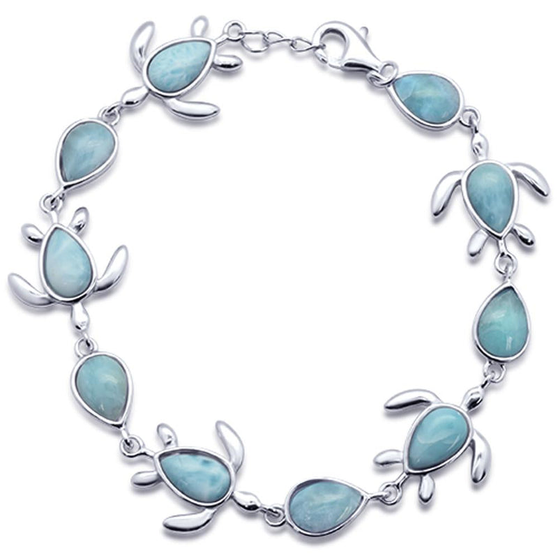 Natural Larimar Turtle Charm .925 Sterling Silver Bracelet 7.5" to 8" Long
