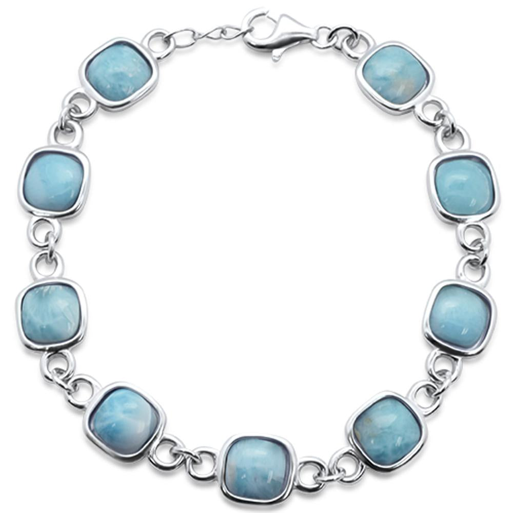 Cushion Cut Natural Larimar .925 Sterling Silver Bracelet 7.5" Long