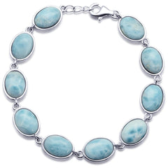Oval Cut Natural Larimar .925 Sterling Silver Bracelet 7.5" Long