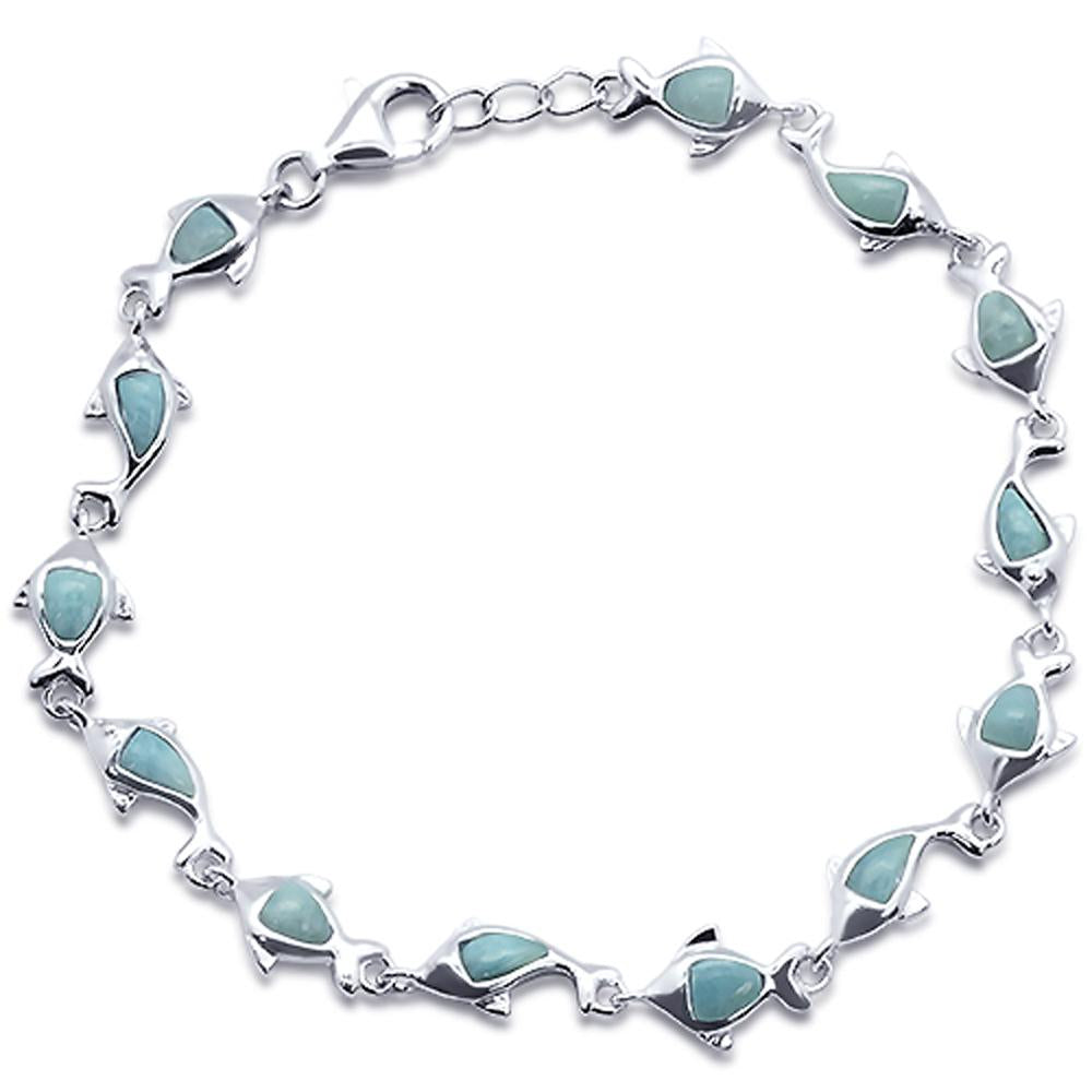 Natural Larimar Dolphin Charm  .925 Sterling Silver Bracelet 7.5" to 8" Long