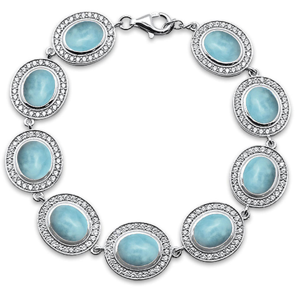 Oval Natural Larimar & Cubic Zirconia .925 Sterling Silver Bracelet 7" Long