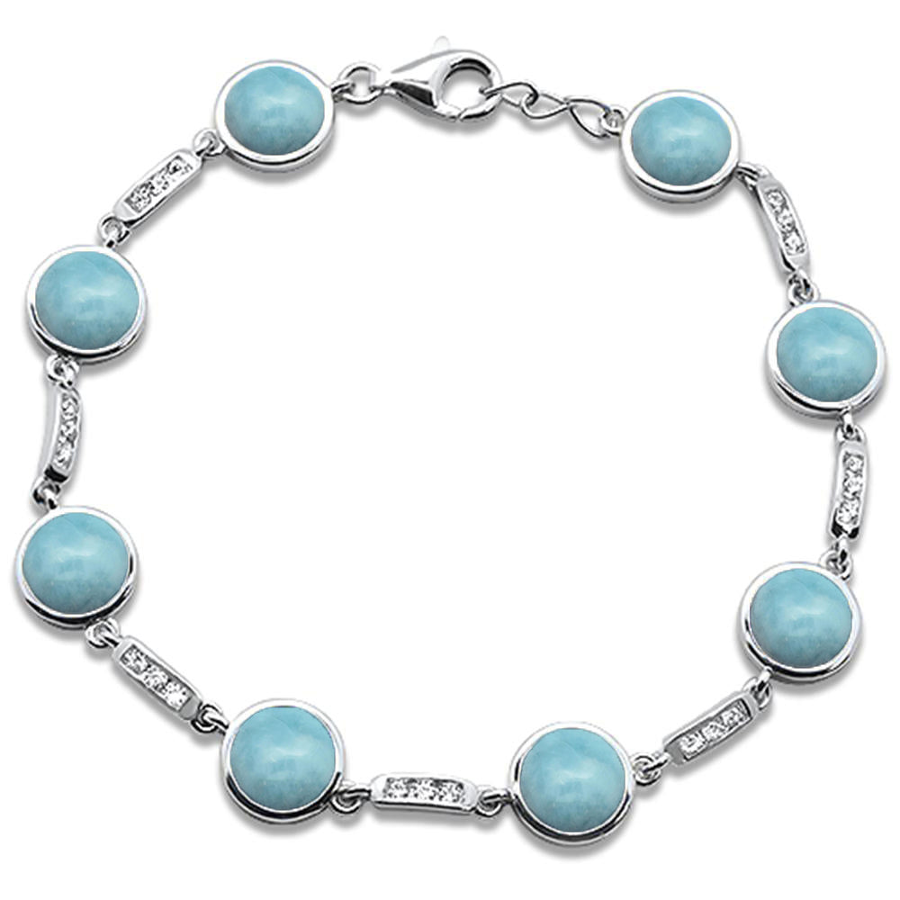 Round Natural Larimar & Cubic Zirconia  .925 Sterling Silver Bracelet 7" Long