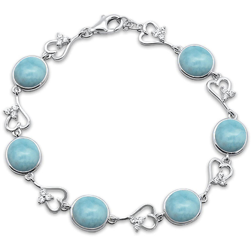 Oval Natural Larimar Heart shape Cubic Zirconia .925 Sterling Silver Bracelet 7" Long