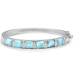 Natural Larimar & Cz .925 Sterling Silver Bangle Bracelet