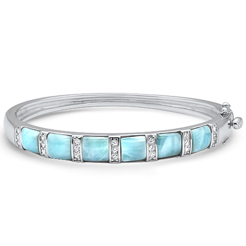 Natural Larimar & Cz .925 Sterling Silver Bangle Bracelet
