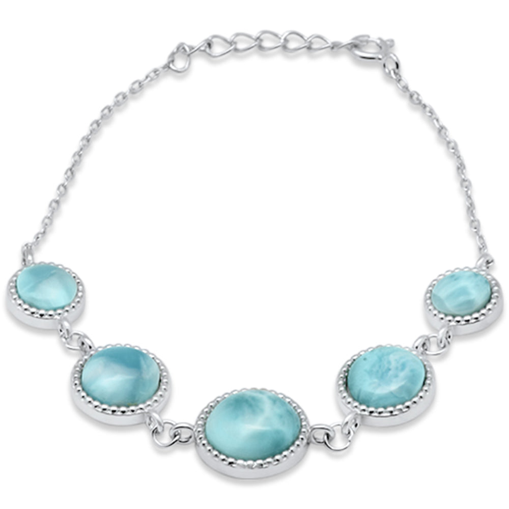 Round Natural Larimar .925 Sterling Silver Bracelet 6" + 1" Adjustable