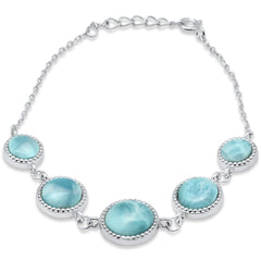 Round Natural Larimar .925 Sterling Silver Bracelet 6" + 1" Adjustable