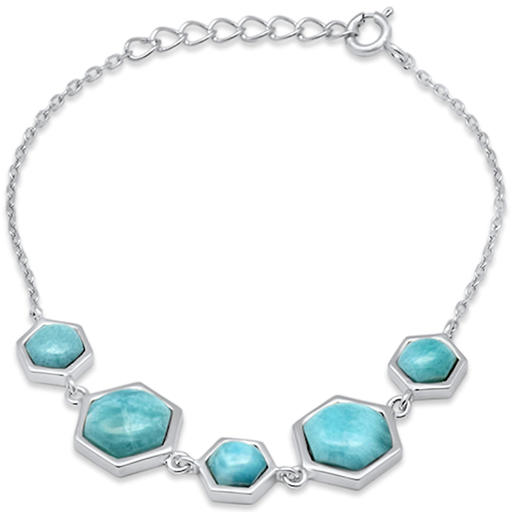 Hexagon Shaped Natural Larimar Pattern .925 Sterling Silver Bracelet 5.5" + 1" Adjustable