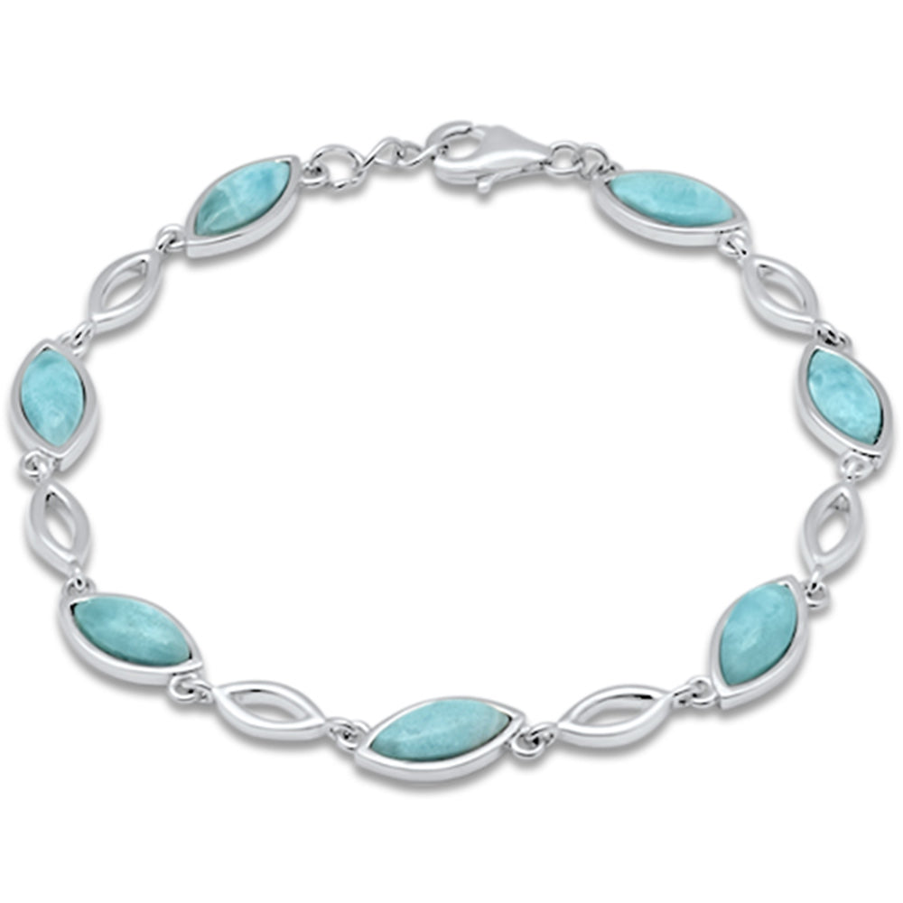 Marquise Shape Natural Larimar .925 Sterling Silver Bracelet 8" Adjustable
