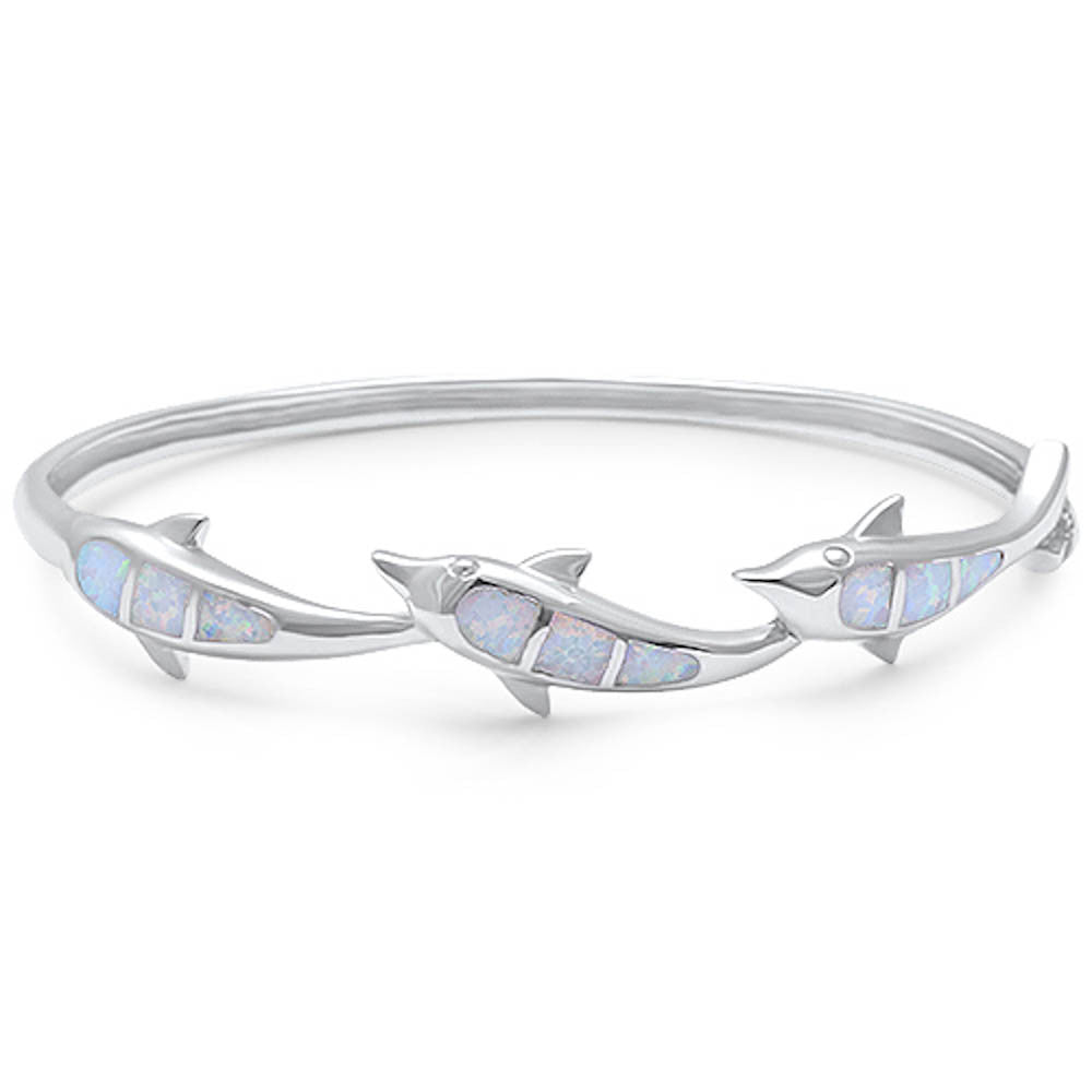 CLOSEOUT! White Opal Dolphin .925 Sterling Silver Bangle Bracelet