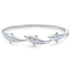 CLOSEOUT! White Opal Dolphin .925 Sterling Silver Bangle Bracelet