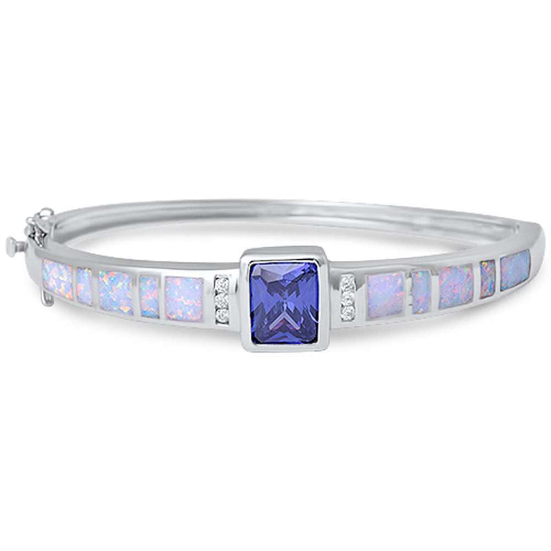 CLOSEOUT! Radiant Tanzanite, White Opal, & Cubic Zirconia .925 Sterling Silver Bangle
