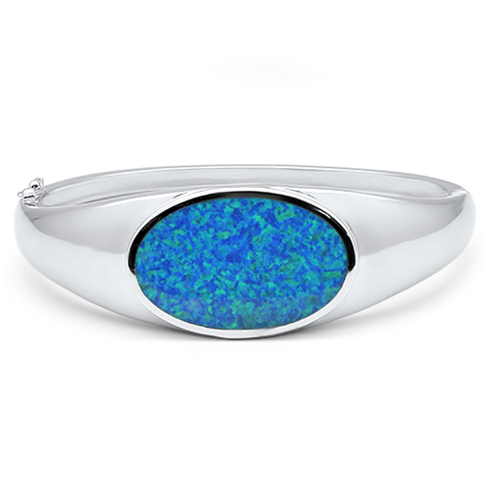 CLOSEOUT!Oval Blue Opal & Round .925 Sterling Silver Bangle Bracelet 7.5"