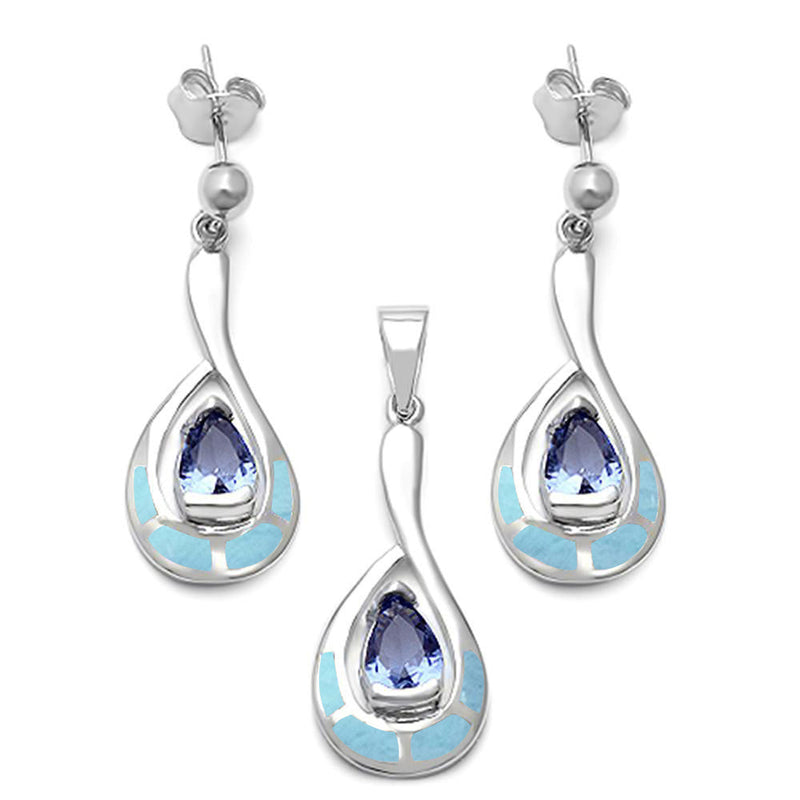 Natural Larimar & Tanzanite .925 Sterling Silver Earring & Pendant Set