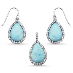 Pear Shape Natural Larimar & Cz Dangle Earring & Pendant .925 Sterling Silver Set