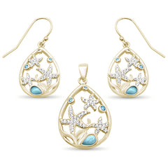 Yellow Gold Plated Natural Larimar & Aquamarine Star Cz Drop Pendant & Earring .925 Sterling Silver Set