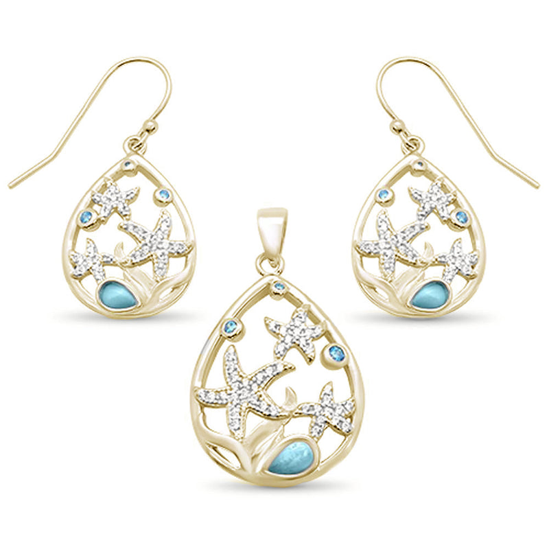 Yellow Gold Plated Natural Larimar & Aquamarine Star Cz Drop Pendant & Earring .925 Sterling Silver Set