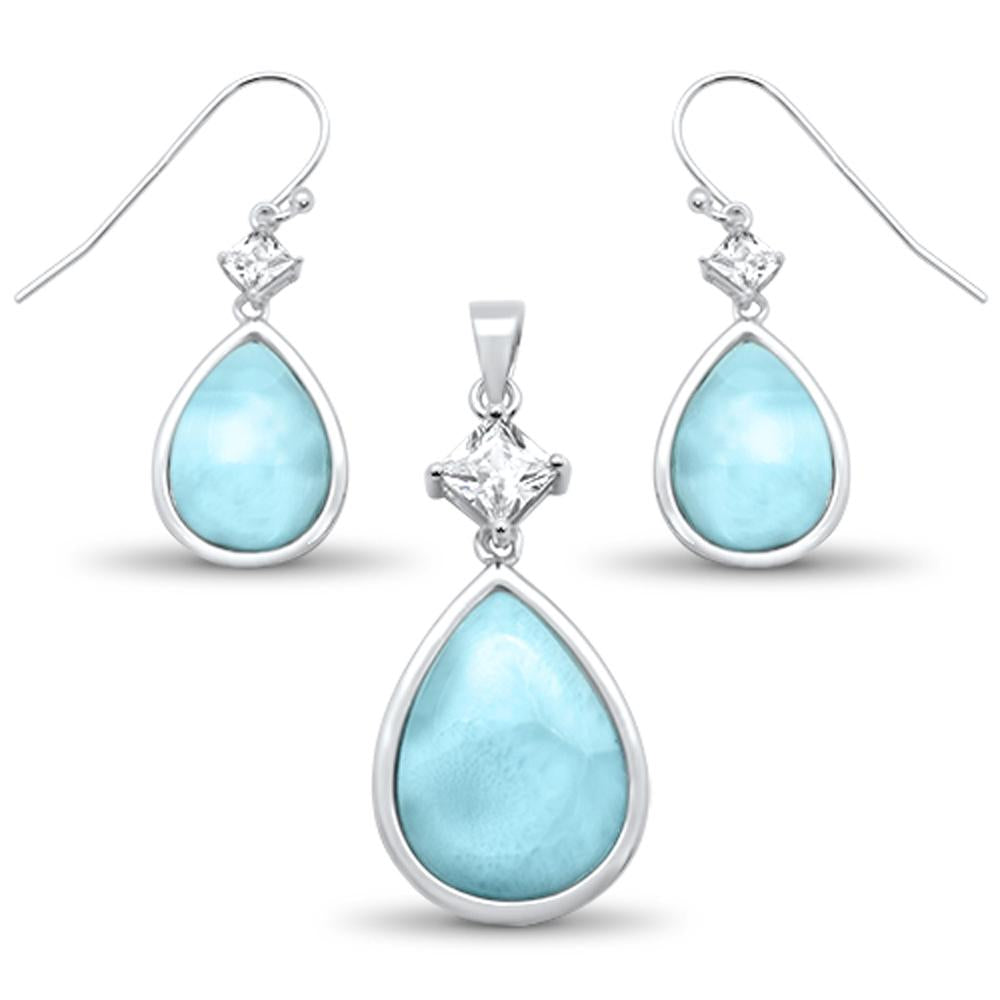 Natural Larimar & Cz Pear Shape Dangle Earring & Pendant .925 Sterling Silver Set