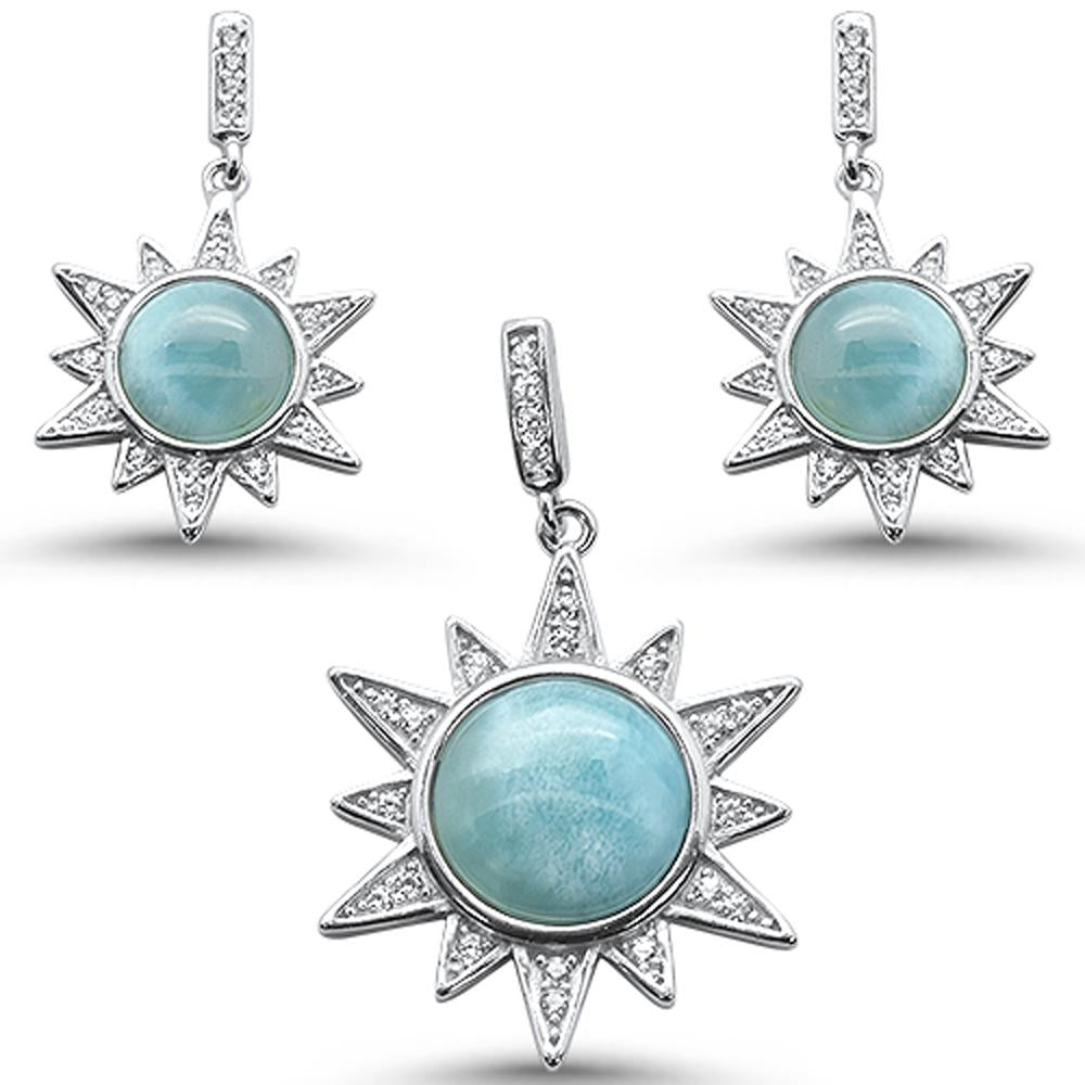 Elegant Starburst Natural Larimar .925 Sterling Silver Earring & Pendant Set