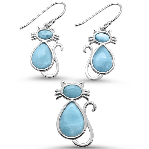Natural Larimar Cat Design Earring & Pendant .925 Sterling Silver Set