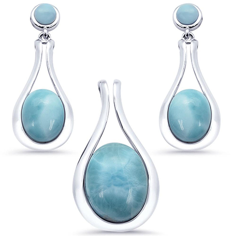 Modern Oval Larimar .925 Sterling Silver Earring & Pendant Set