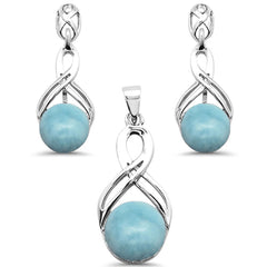 Round Natural Larimar Infinity Drop Dangle Earring & Pendant .925 Sterling Silver Set