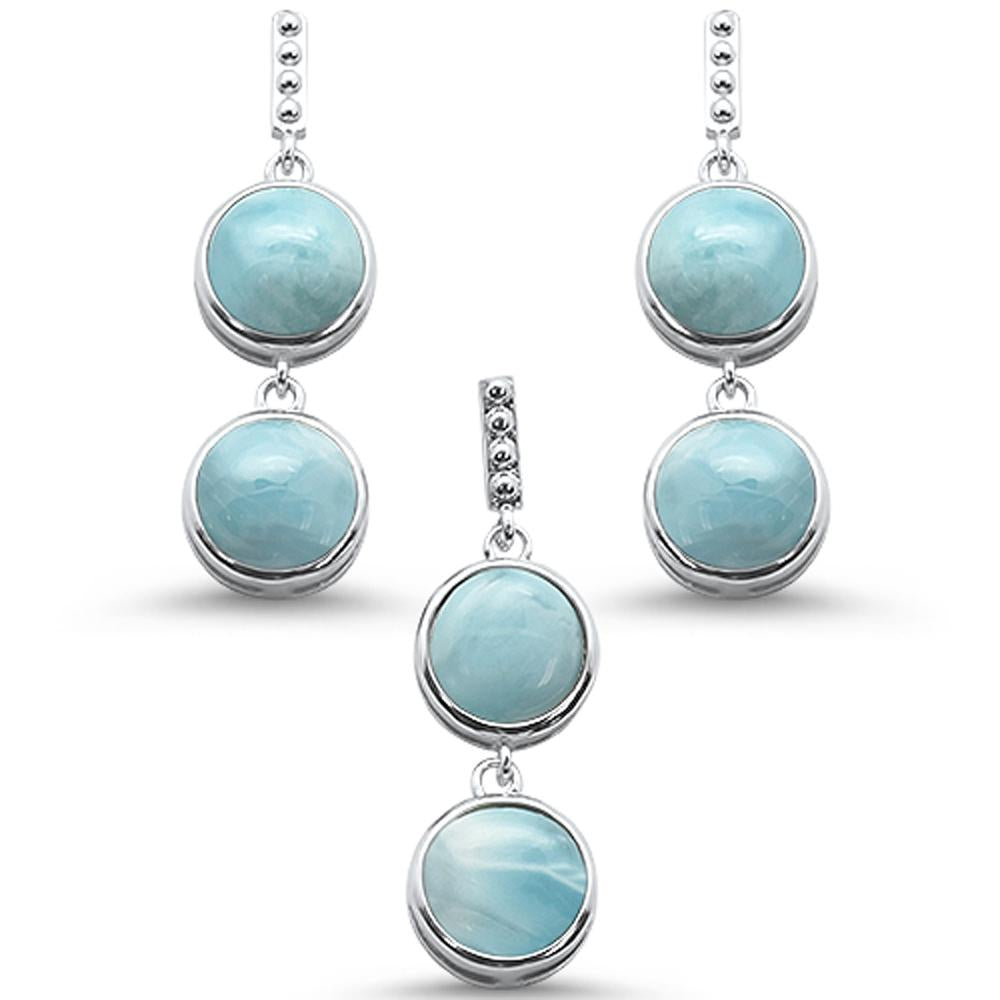 Round Larimar Drop Dangle .925 Sterling Silver Earring & Pendant Set