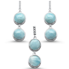 Round Larimar Drop Dangle .925 Sterling Silver Earring & Pendant Set