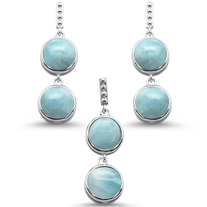 Round Larimar Drop Dangle .925 Sterling Silver Earring & Pendant Set