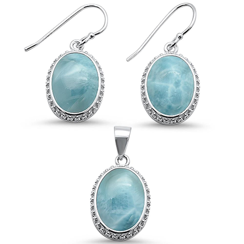 Oval Elegant Natural Larimar .925 Sterling Silver Earring & Pendant Set