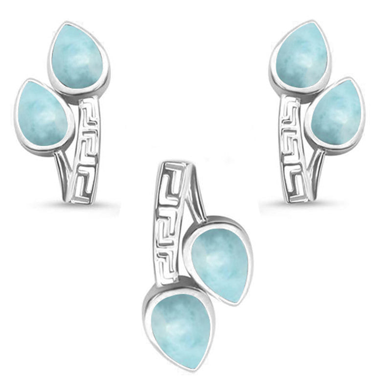 Natural Larimar Design .925 Sterling Silver Pendant & Earring Set