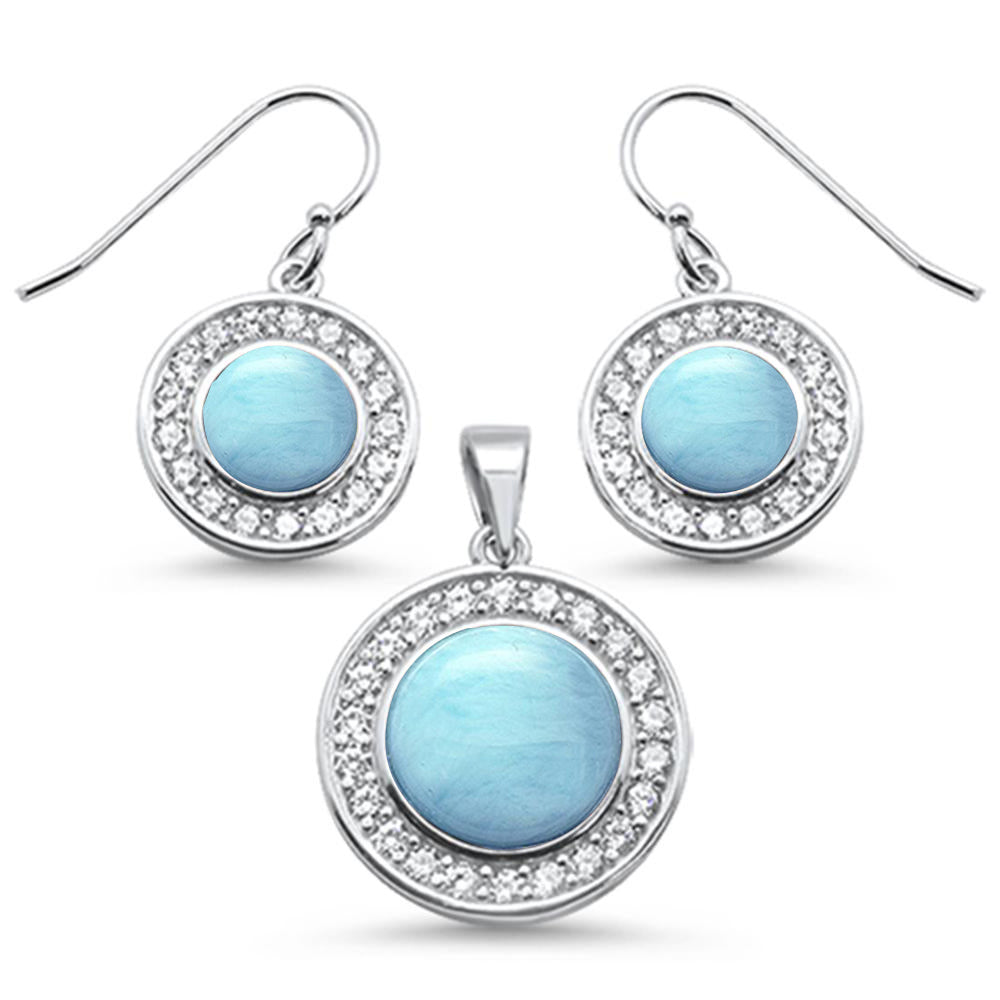 Round Natural Larimar & Cubic Zirconia .925 Sterling Silver Pendant & Earring Set