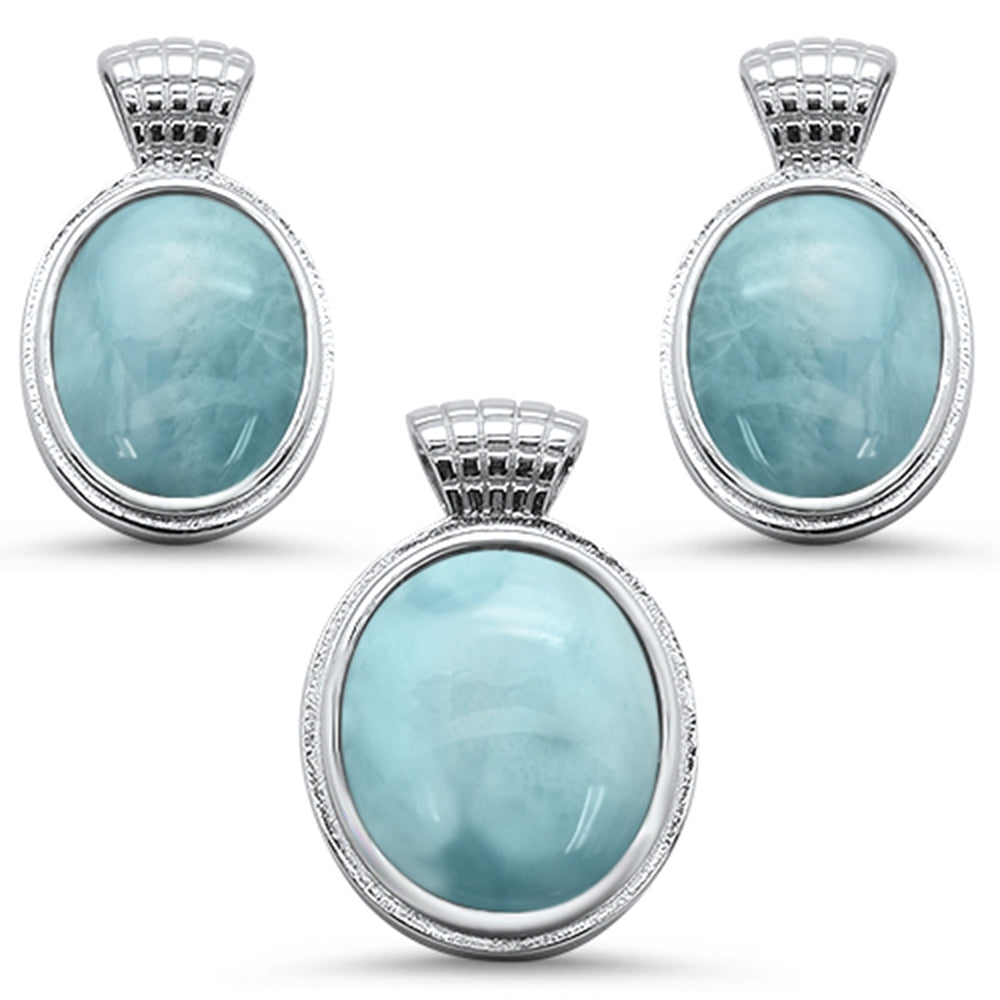 Oval Natural Larimar .925 Sterling Silver Earring & Pendant Set