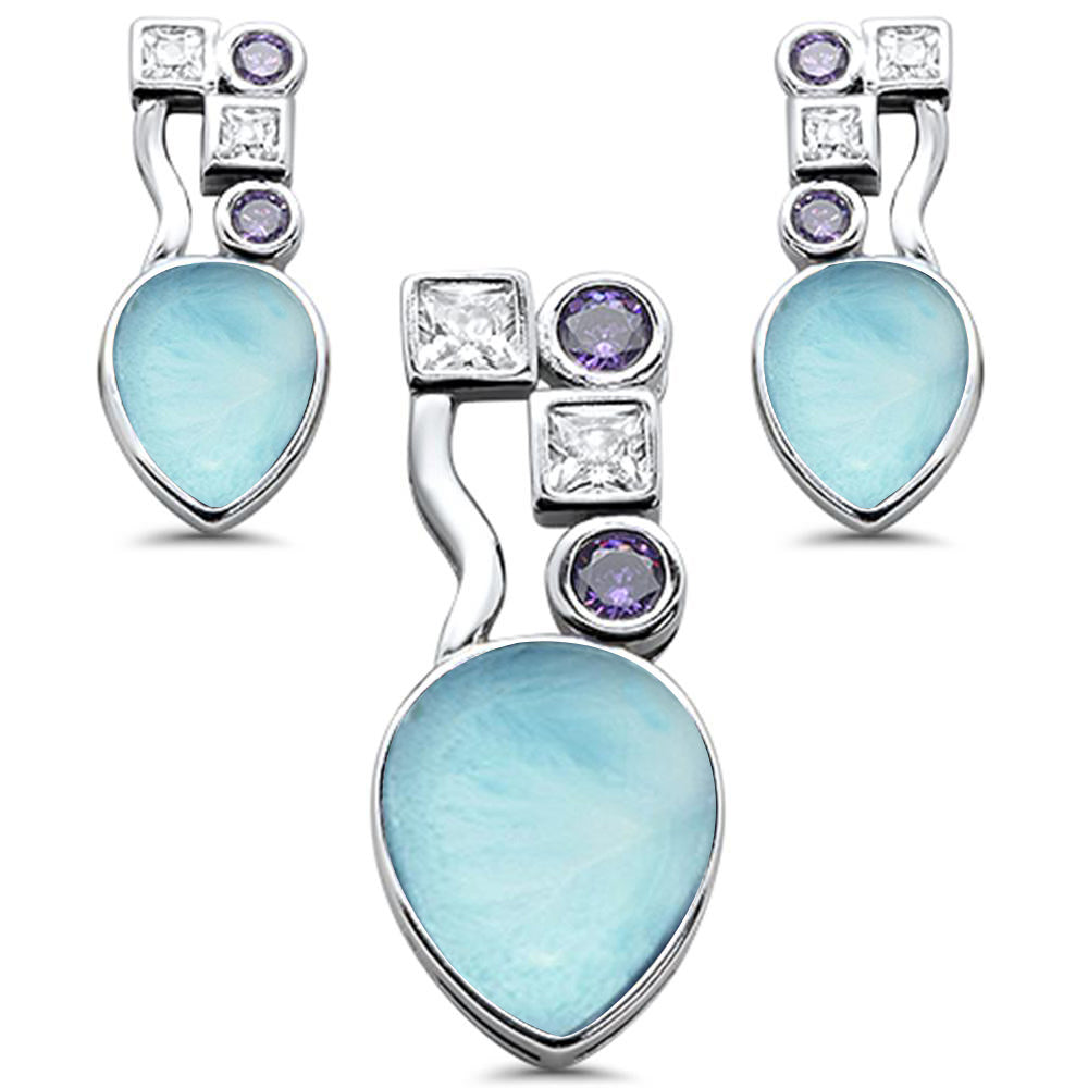 Natural Larimar Amethyst & Cubic Zirconia .925 Sterling Silver Pendant & Earring Set