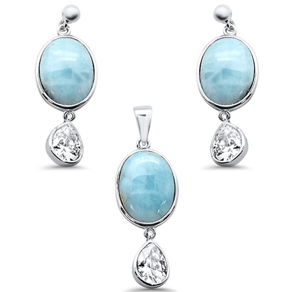 Oval Natural Larimar & Pear CZ .925 Sterling Silver Pendant & Earring Set