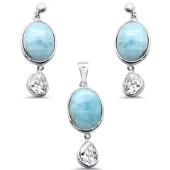 Oval Natural Larimar & Pear CZ .925 Sterling Silver Pendant & Earring Set