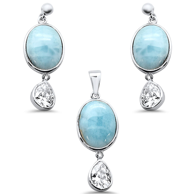 Oval Natural Larimar & Pear CZ .925 Sterling Silver Pendant & Earring Set