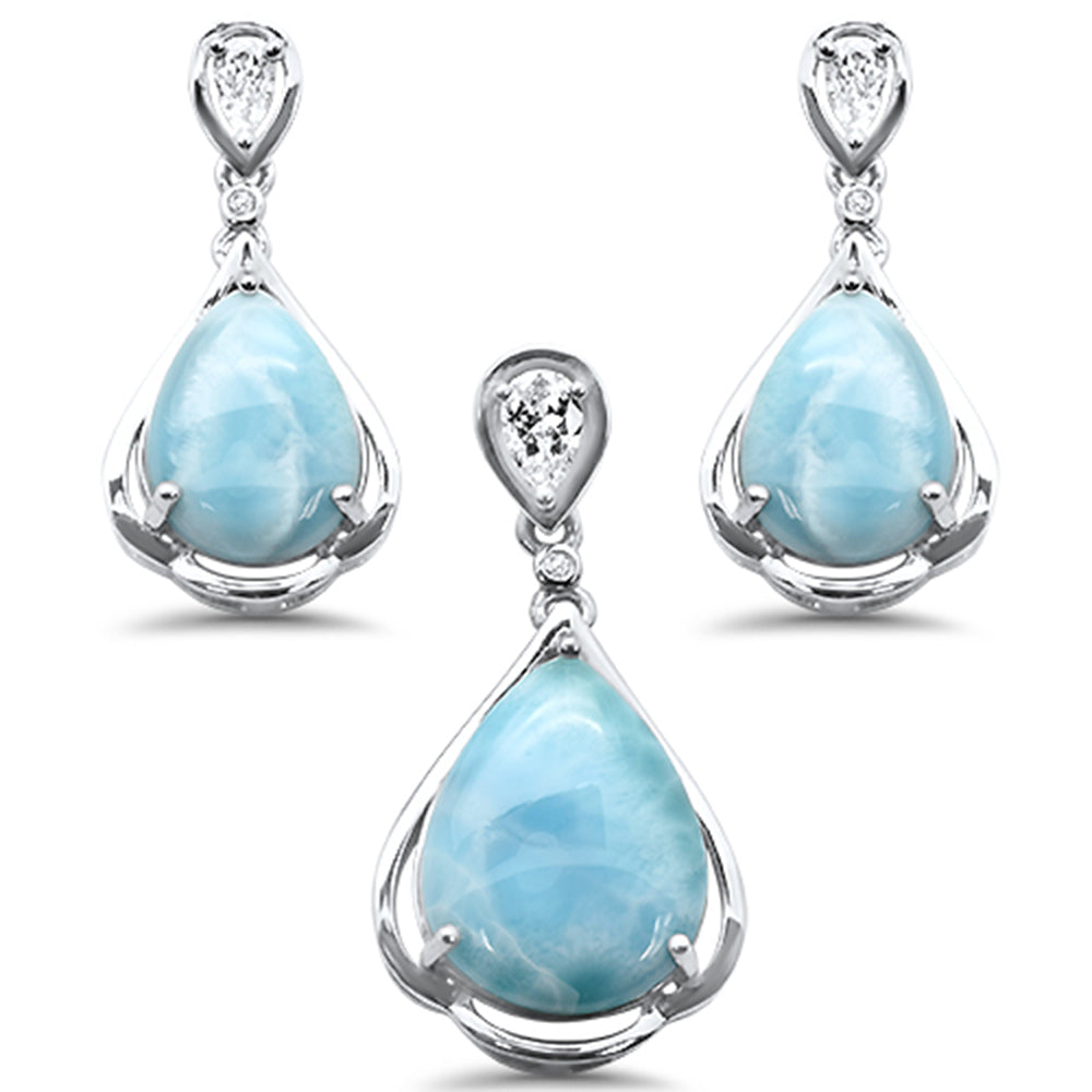 Pear Shape Natural Larimar & CZ .925 Sterling Silver Pendant & Earring Set