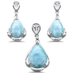 Pear Shape Natural Larimar & CZ .925 Sterling Silver Pendant & Earring Set
