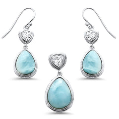 Pear Shape Natural Larimar & Cubic Zirconia .925 Sterling Silver Pendant & Earrings Set