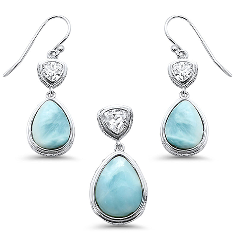 Pear Shape Natural Larimar & Cubic Zirconia .925 Sterling Silver Pendant & Earrings Set